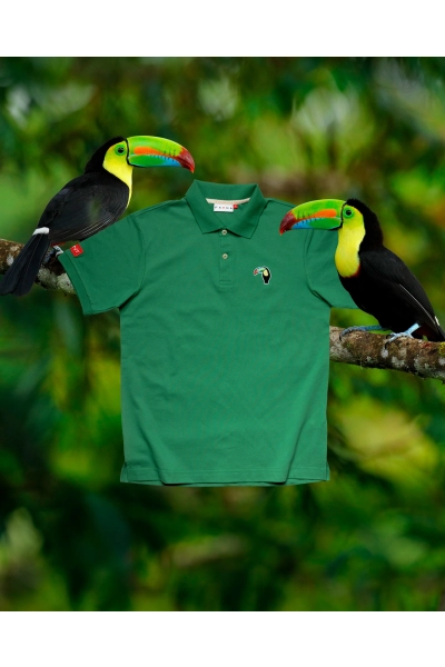 Koszulka Polo męska Basic z tukanem tęczodziobym - zielona